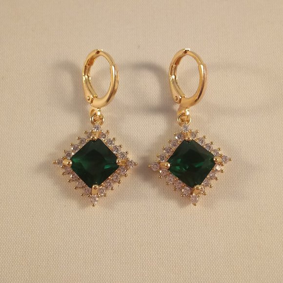 18K Yellow Gold Filled Emerald Diamond Zircon Square Dangle Earrings 1.96ctw ea. - Picture 4 of 4